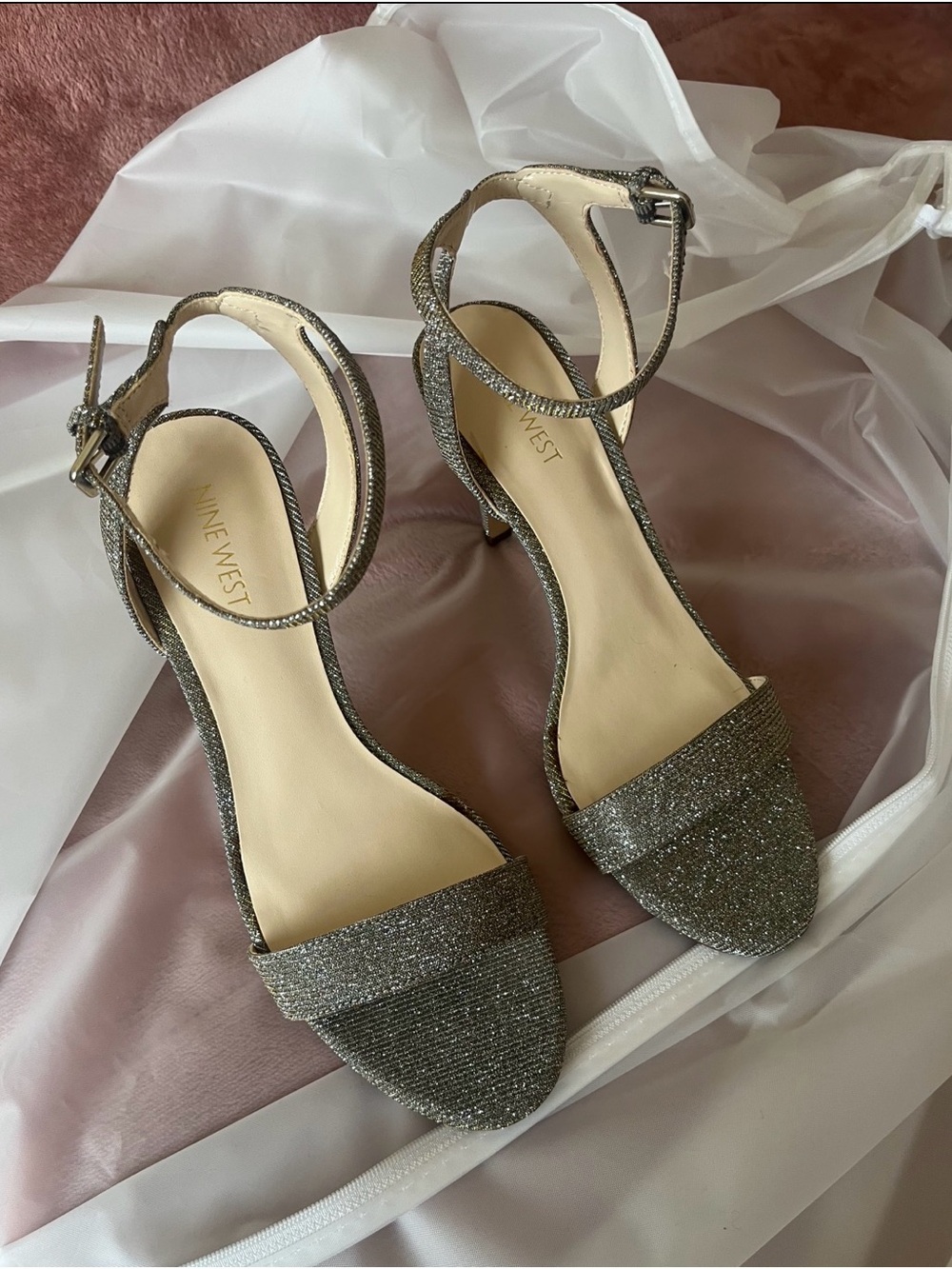 Nine West Silver Glitter Ankle-Strap Heels